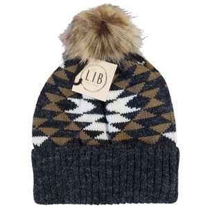 Women's Knitted Winter Hat Black Soft Stretch Beanie Hat with Faux Fur Pom